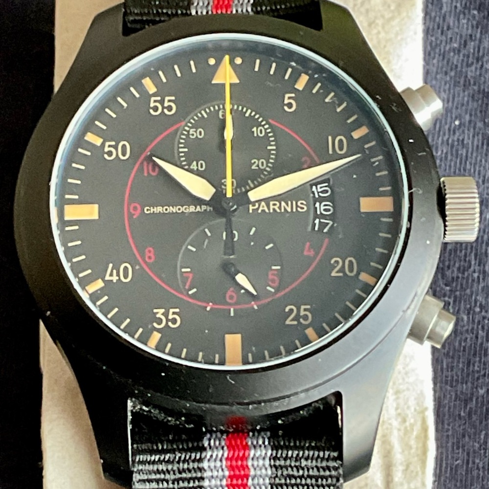 Handsome 42mm Parnis Pilots Quartz Chronograph w Date Matching NATO Strap